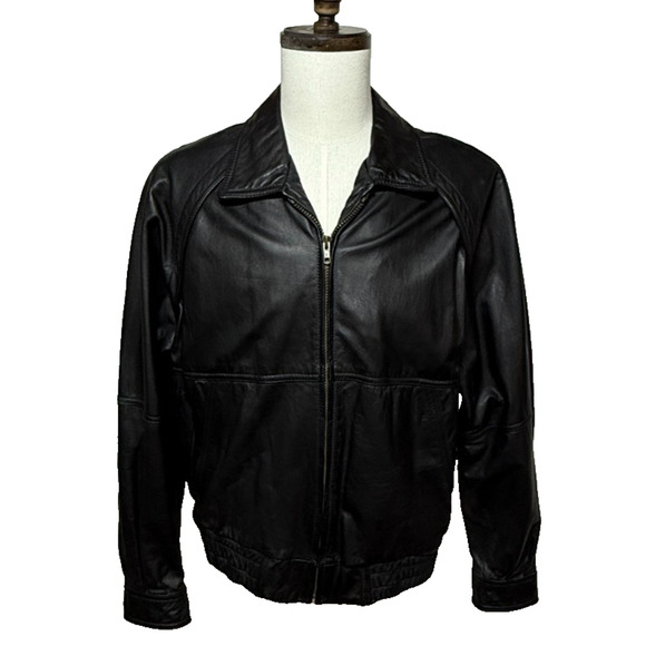 Members Only Bomber Jacket Mens 44 Large Black Leather Full Zip Biker Y2K Grunge - Picture 1 of 12